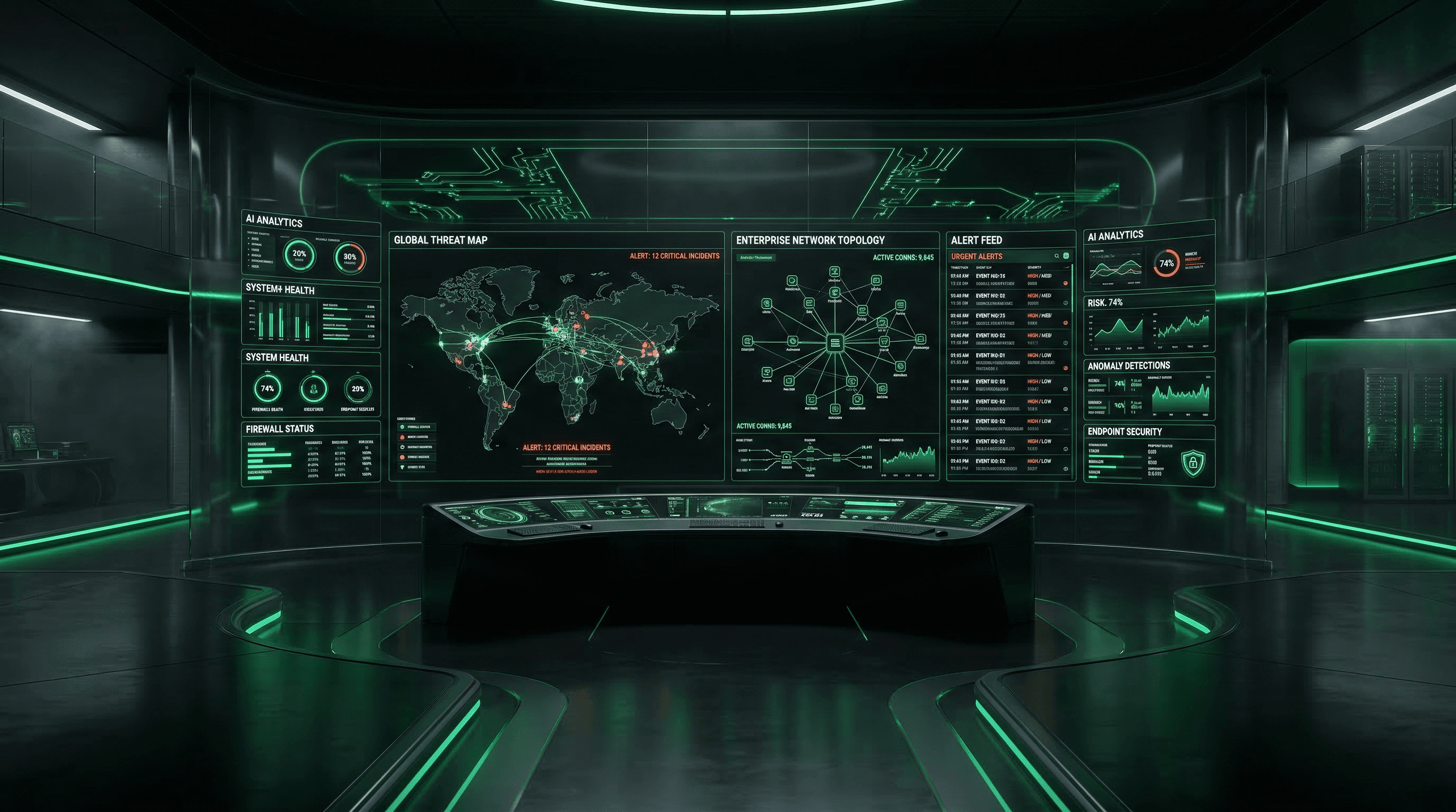 XSIAM Optimizer - Futuristic SOC Dashboard showing global threat map, alert feeds, and AI analytics